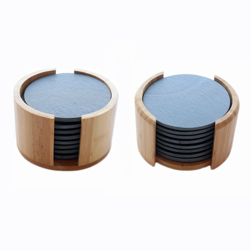 4 Inches Black Round Slate Coaster set of 8pcs with bamboo holder Matching Glass Straw and Brush for for Bar, Kitchen Home Decor