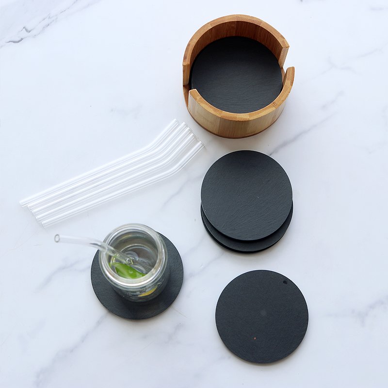 4 Inches Black Round Slate Coaster set of 8pcs with bamboo holder Matching Glass Straw and Brush for for Bar, Kitchen Home Decor