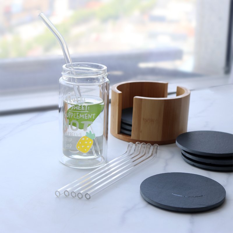 4 Inches Black Round Slate Coaster set of 8pcs with bamboo holder Matching Glass Straw and Brush for for Bar, Kitchen Home Decor