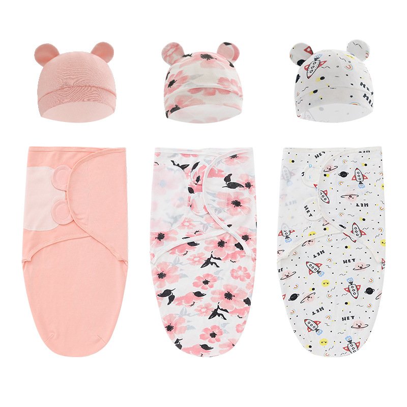 Set of 2 Baby Sleep Swaddle Blanket Wrap And Hat Set Muslin Baby Swaddle Blanket Wrap Set Matching Hat For Newborn