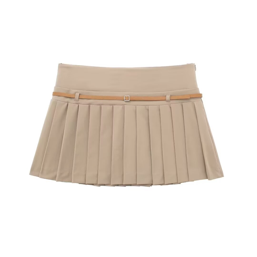 TRAFZA Spring Summer New Style All Match High Waist With Belt Pleated Women Short Pant Skirt