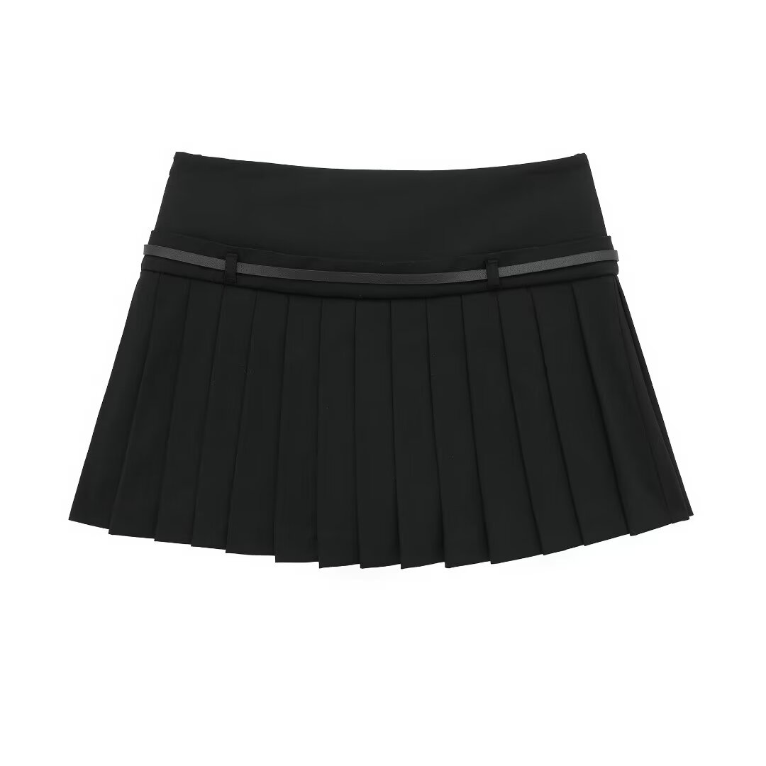 TRAFZA Spring Summer New Style All Match High Waist With Belt Pleated Women Short Pant Skirt