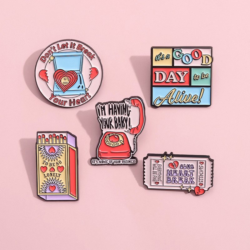 Creative Personalized Pink Match Box Vintage Phone Record Shape Metal Enamel Brooch Cartoon Cute Badge Pins Clothing Accessories