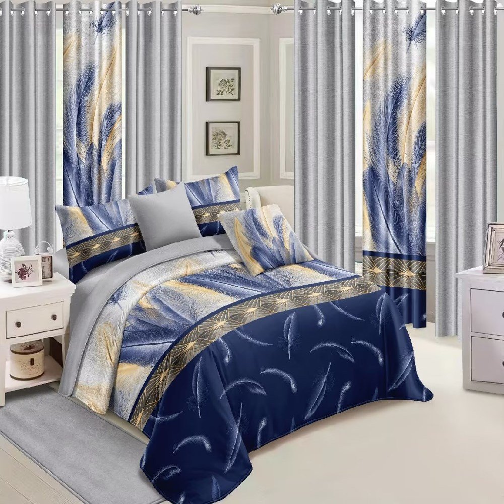 Wholesale Brushed Microfiber Quilt Cover Bed Sheet Bedding Set With Matched Curtains 6pcs For Bedroom