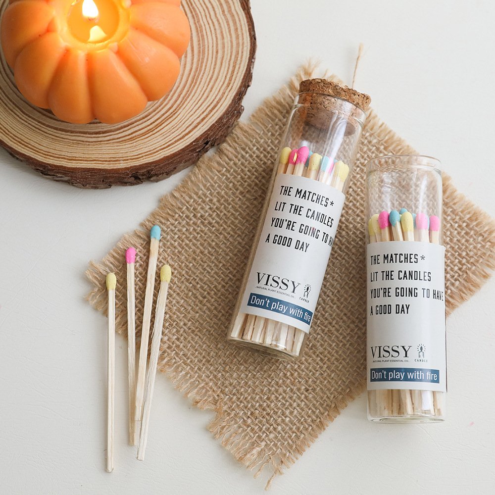 High quality wooden stick candle glass bottle matches customize label transparent label glass bottle for household hotel matches