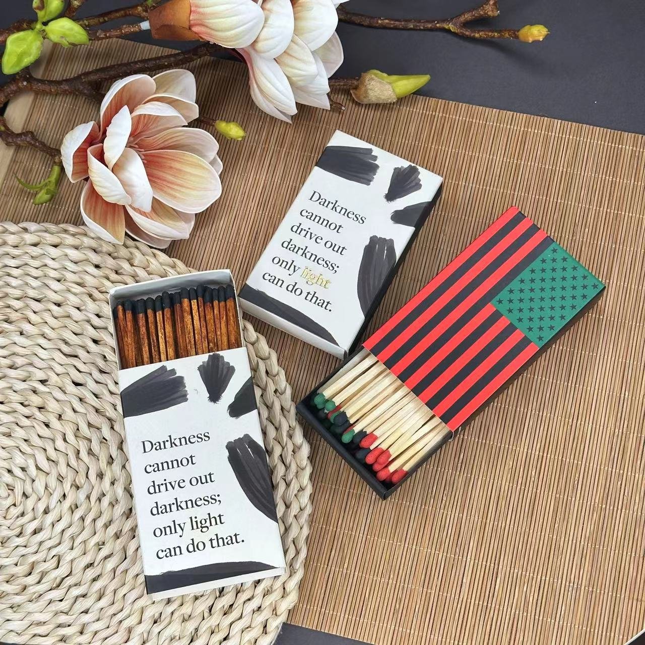 Custom advertising promotional boxed matches long wooden stick matches in matchbox logo stamping on box colored matches