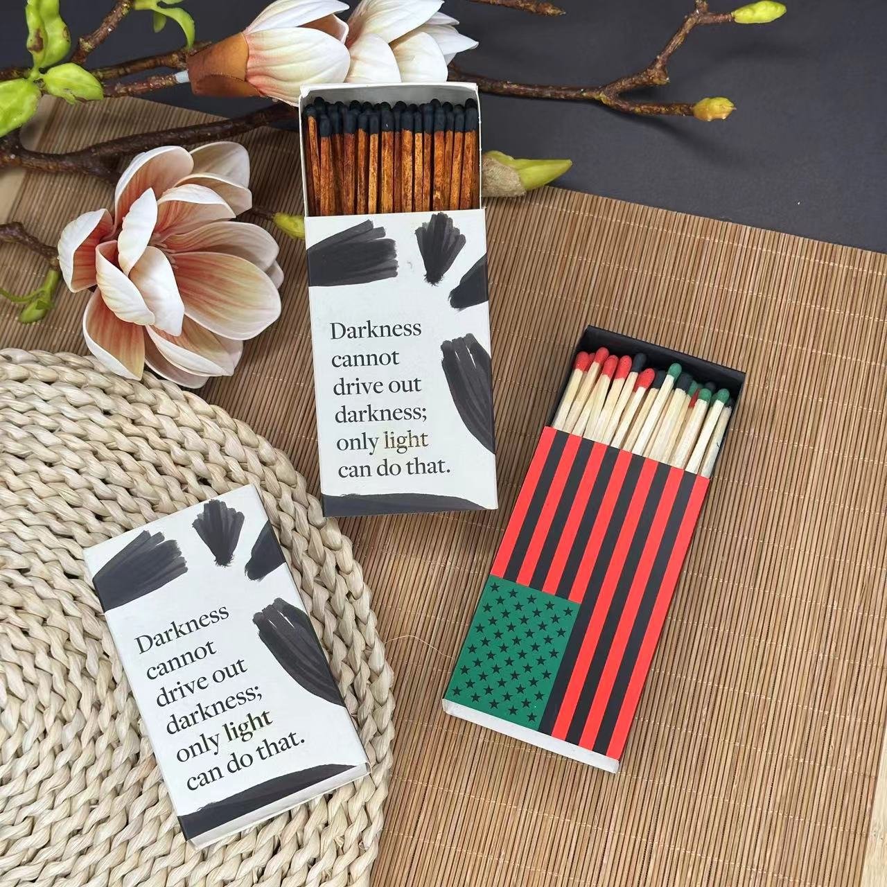 Custom advertising promotional boxed matches long wooden stick matches in matchbox logo stamping on box colored matches