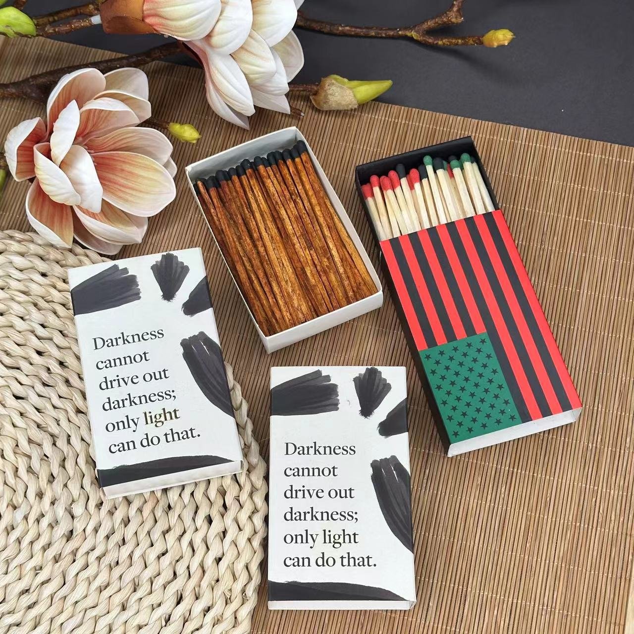 Custom advertising promotional boxed matches long wooden stick matches in matchbox logo stamping on box colored matches