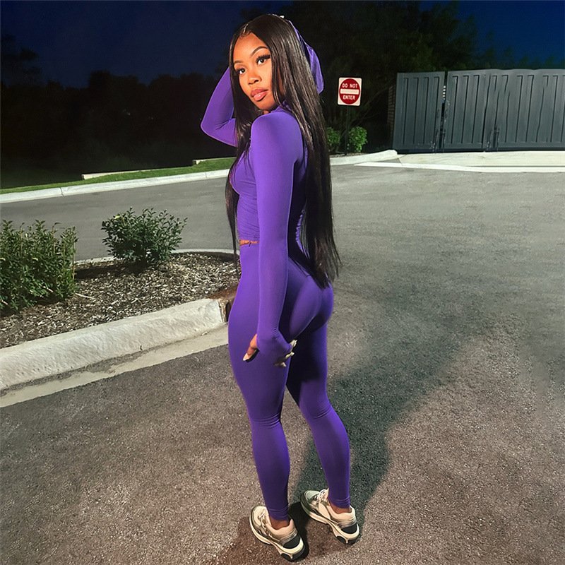 X15915C Casual Sporty 2 Piece Set Women Long Sleeve Hooded Zip Crop Tops and Leggings Matching Fitness Tracksuits Streetwear