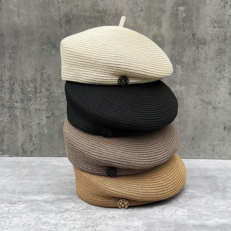 2024 Women's Spring And Summer Hollow Breathable Styling Painter Casual All-Matching Face Small Black Papyrus Beret Hat Cap