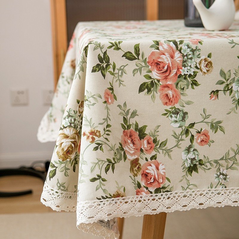 DUOLAI Floral Design Cotton Tablecloth With 6 Matching Napkin Set Home Decor Table Linen Easy To Clean Wedding Party Decorative