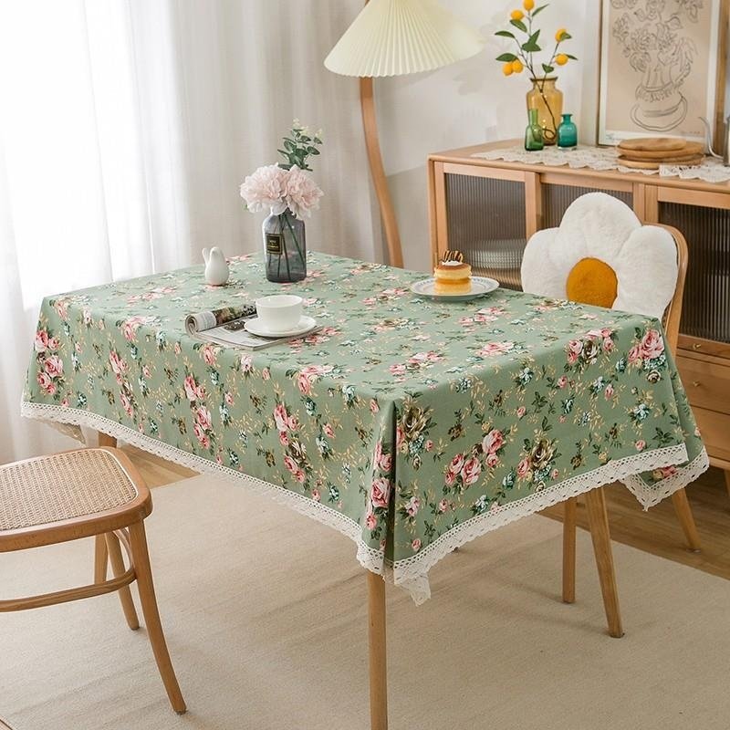 DUOLAI Floral Design Cotton Tablecloth With 6 Matching Napkin Set Home Decor Table Linen Easy To Clean Wedding Party Decorative