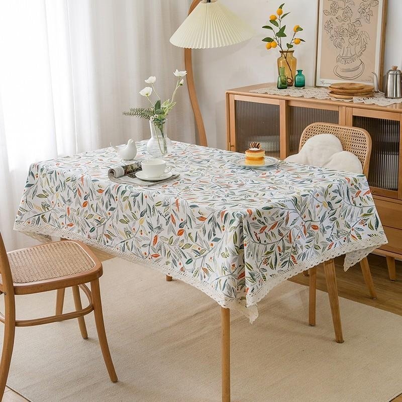 DUOLAI Floral Design Cotton Tablecloth With 6 Matching Napkin Set Home Decor Table Linen Easy To Clean Wedding Party Decorative