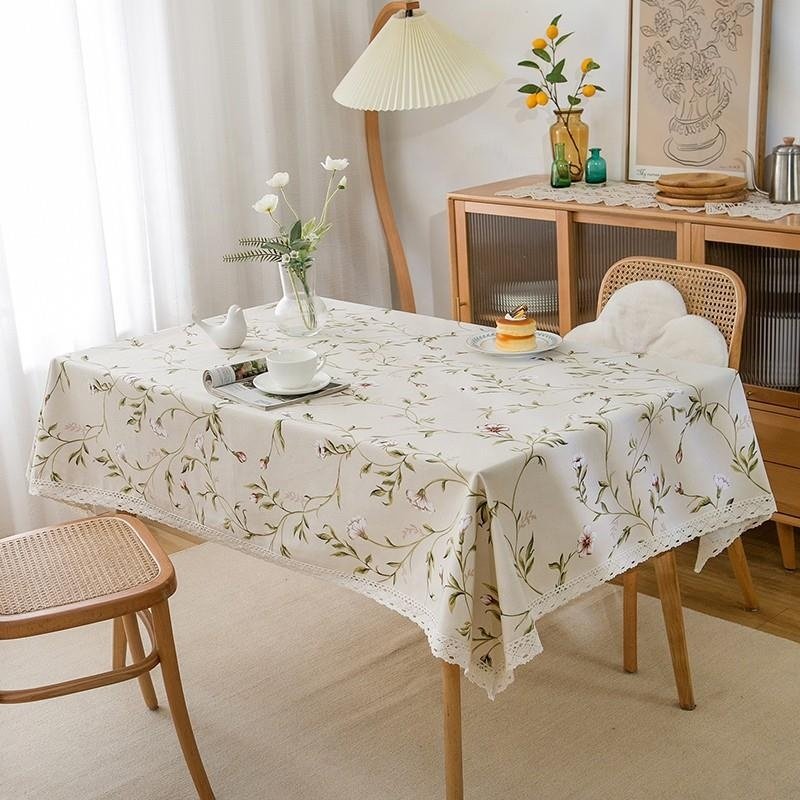 DUOLAI Floral Design Cotton Tablecloth With 6 Matching Napkin Set Home Decor Table Linen Easy To Clean Wedding Party Decorative