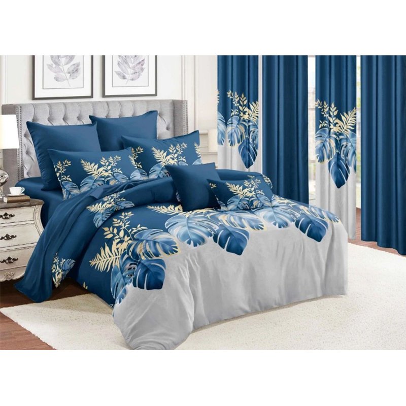 Modern Reversible Floral Home Bedroom Bedspread Quilt Set with Matching Curtains