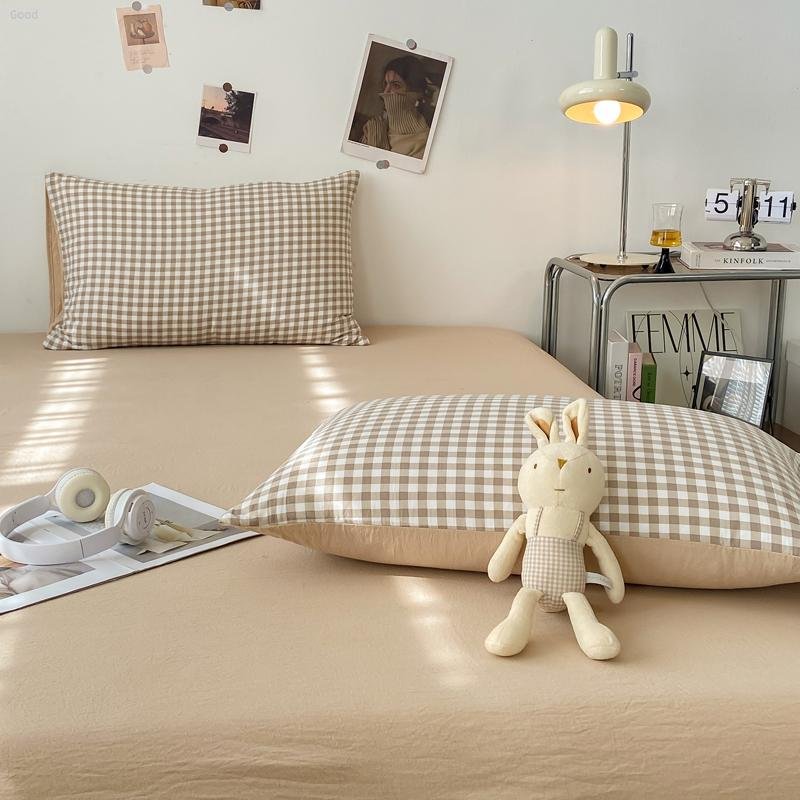 Bedding Set 2024 New Japanese Style Simple Plaid Washed Cotton Pillowcase Series Pudding Cafe