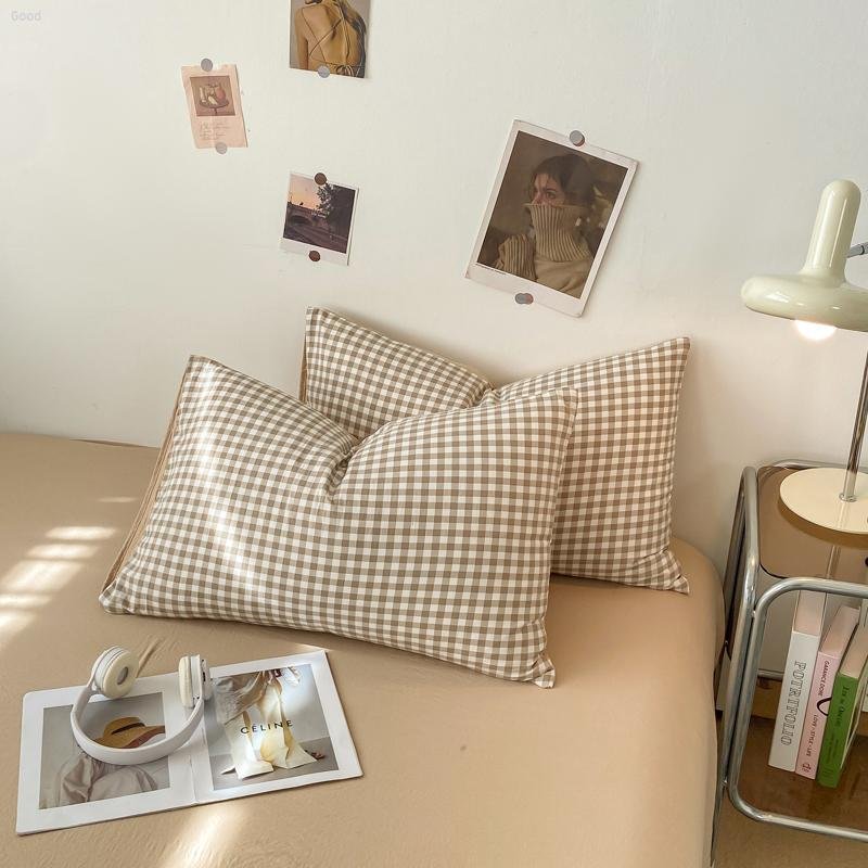 Bedding Set 2024 New Japanese Style Simple Plaid Washed Cotton Pillowcase Series Pudding Cafe