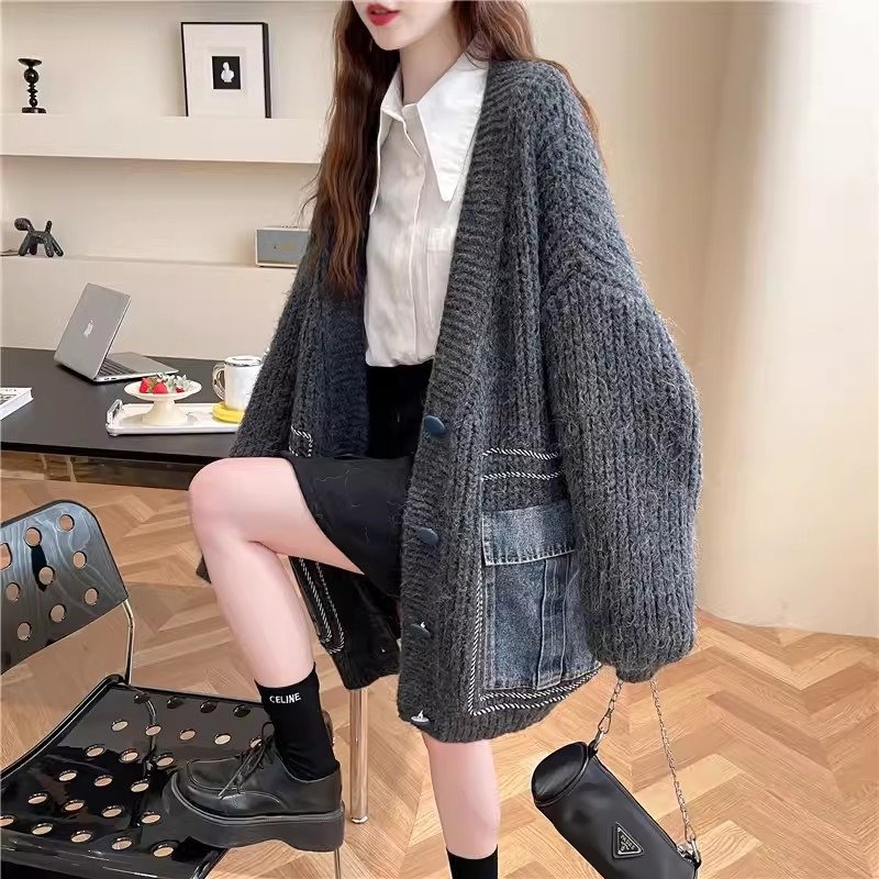 2024 Autumn and Winter New Denim Splicing Sweater Jacket Women's Design Loose Casual All-match Knitted Cardigan Trend