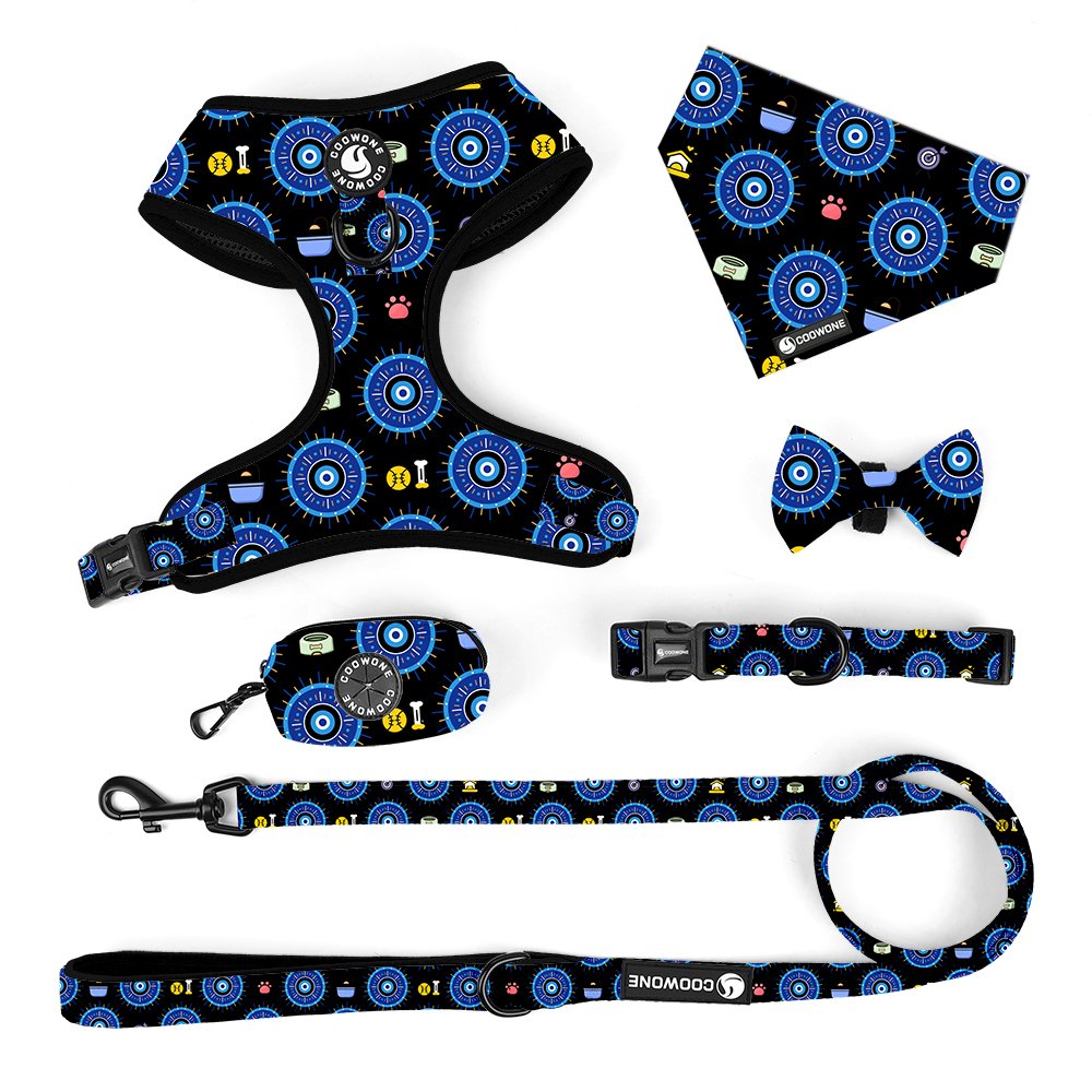 Dogs Harness Set Custom Designer for Evil Eyes Dog Collar And Matching Leashes Sublimation Printed Light Pink Neoprene Harness