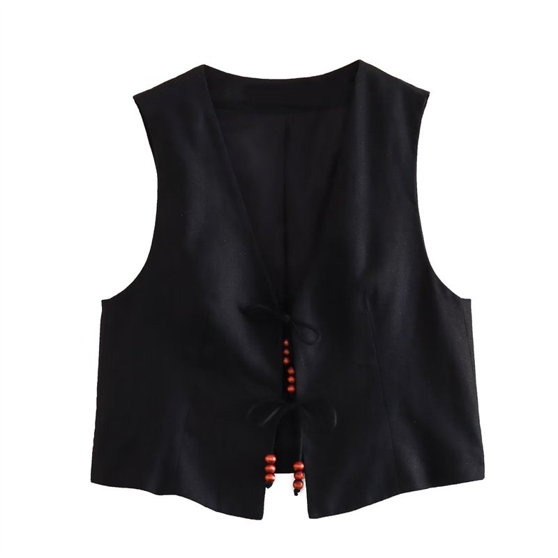 TAOP&ZA 2023 summer new fashion all-match black V-neck sleeveless beaded linen vest women's clothing wholesale 7592503