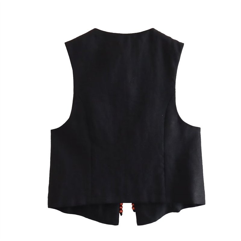 TAOP&ZA 2023 summer new fashion all-match black V-neck sleeveless beaded linen vest women's clothing wholesale 7592503