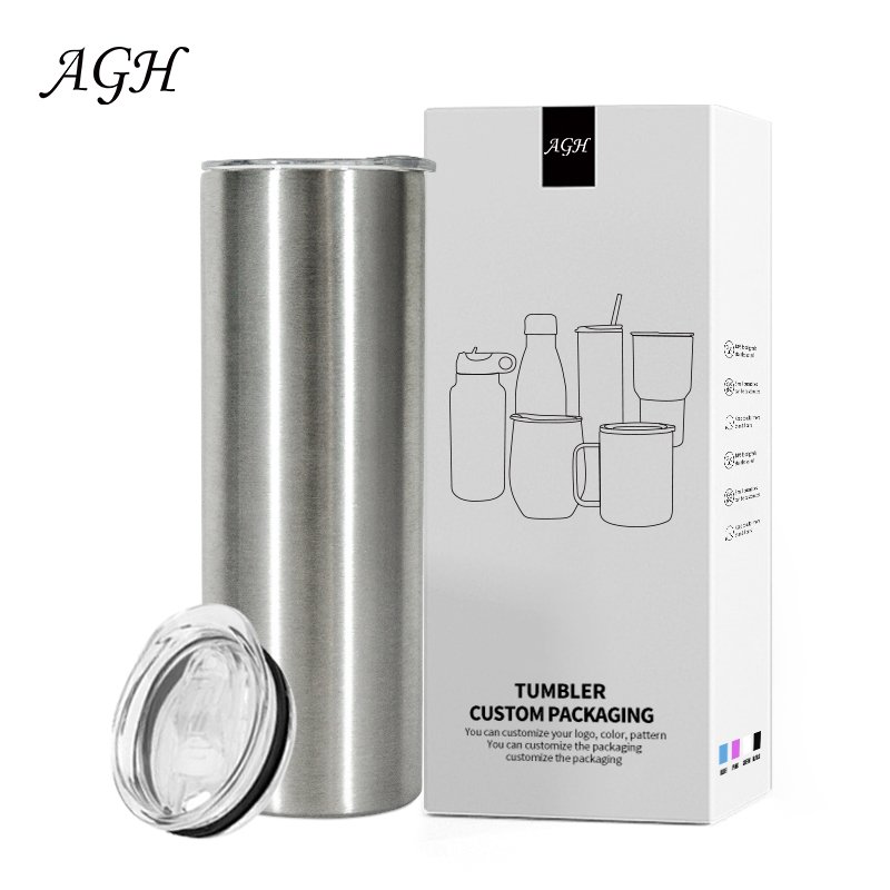 AGH 12oz 15oz 20oz 30oz Stainless Steel Cups Steel Color Double Walled Straight Skinny Tumbler With Lids