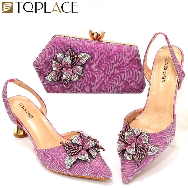 Elegant Elastic Band Shoes and Bag Set with stones African Set Italian Heel Ladies Shoes And Matching Purse For Evening Party