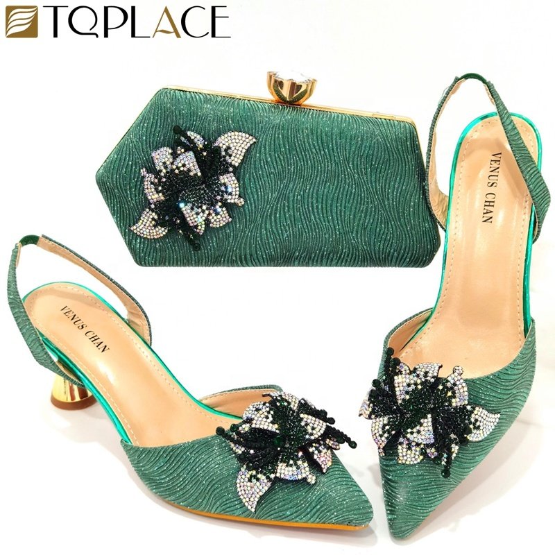 Elegant Elastic Band Shoes and Bag Set with stones African Set Italian Heel Ladies Shoes And Matching Purse For Evening Party
