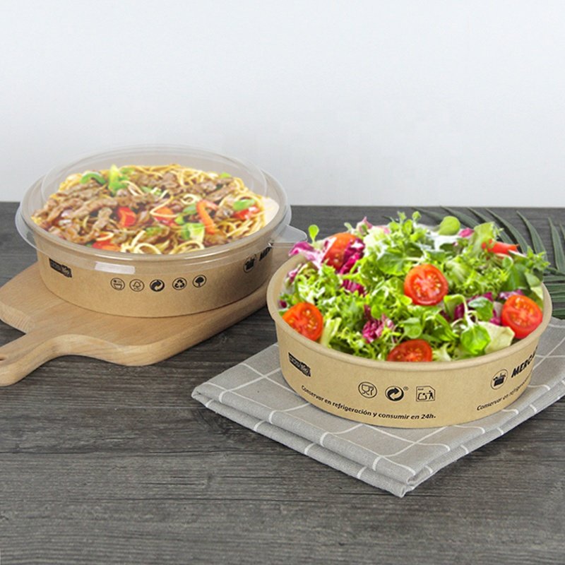 High Quality Eco Friendly Disposable Custom Printed Food Grade Brown Kraft Paper Bowls for Salad Takeaway Food With Matching Lid
