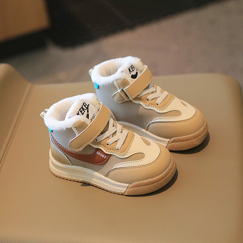 Children's winter high top plus cashmere plus cotton warm casual shoes boys and girls color matching sneakers baby walking shoes