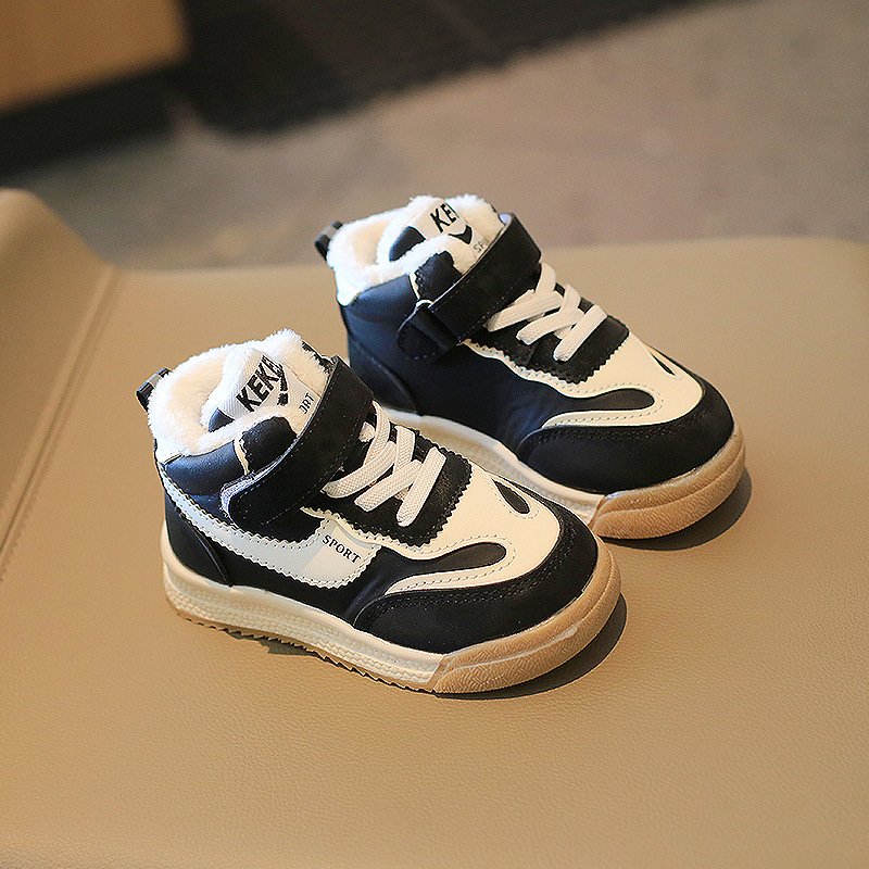 Children's winter high top plus cashmere plus cotton warm casual shoes boys and girls color matching sneakers baby walking shoes