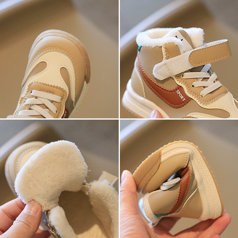 Children's winter high top plus cashmere plus cotton warm casual shoes boys and girls color matching sneakers baby walking shoes