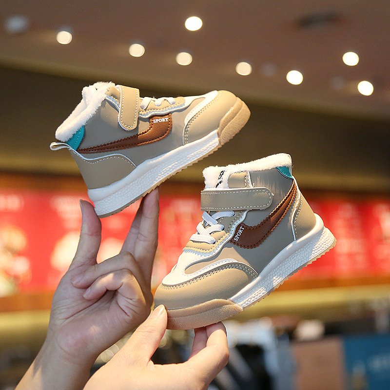 Children's winter high top plus cashmere plus cotton warm casual shoes boys and girls color matching sneakers baby walking shoes