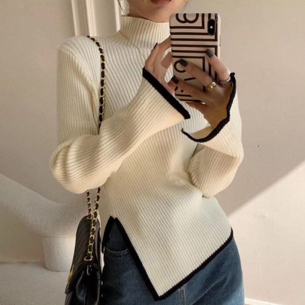 Wholesale Irregular Split Design Knitwear 2022 Autumn and Winter New Style Temperament Color Matching Half High Collar Sweater