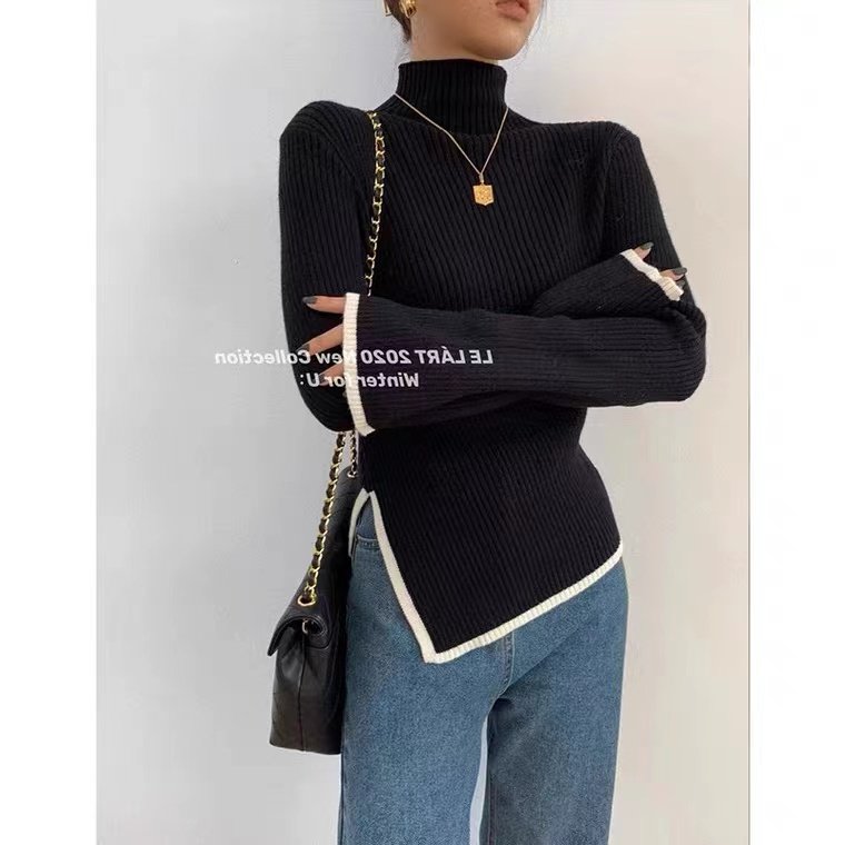 Wholesale Irregular Split Design Knitwear 2022 Autumn and Winter New Style Temperament Color Matching Half High Collar Sweater