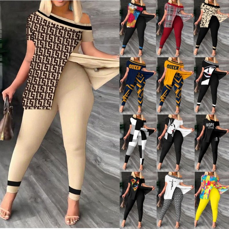 2 Piece Outfits Irregular Split Short Sleeve Crop Tops Printed Long Pants Summer Matching Sets