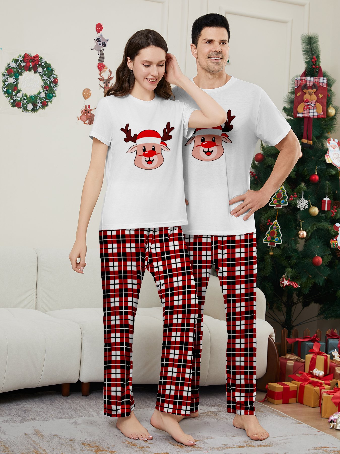 Short Sleeve Shirts Matching Pants Christmas Pajamas 2 Pcs Set Women Sleepwear Snowman Family Christmas Pajamas