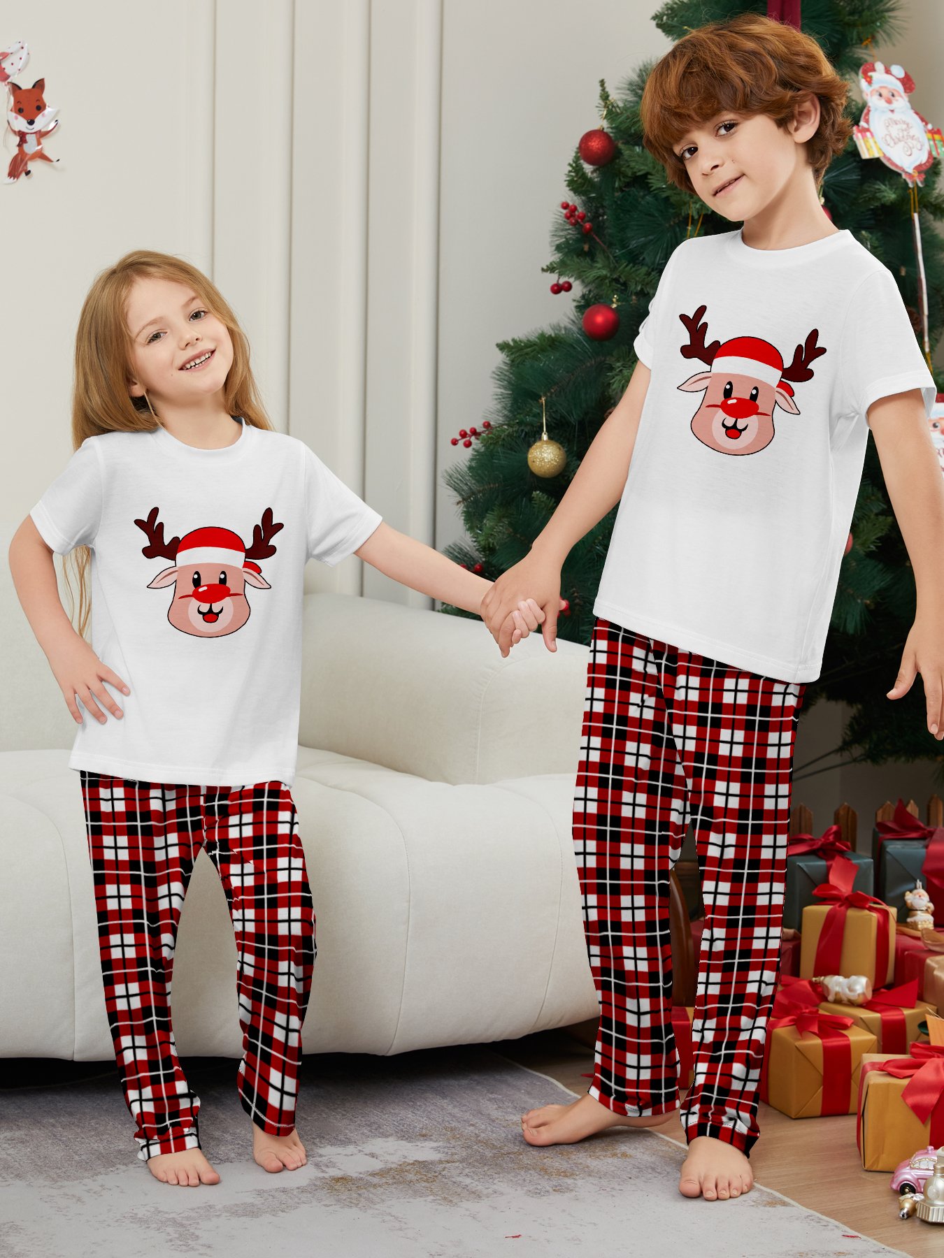 Short Sleeve Shirts Matching Pants Christmas Pajamas 2 Pcs Set Women Sleepwear Snowman Family Christmas Pajamas