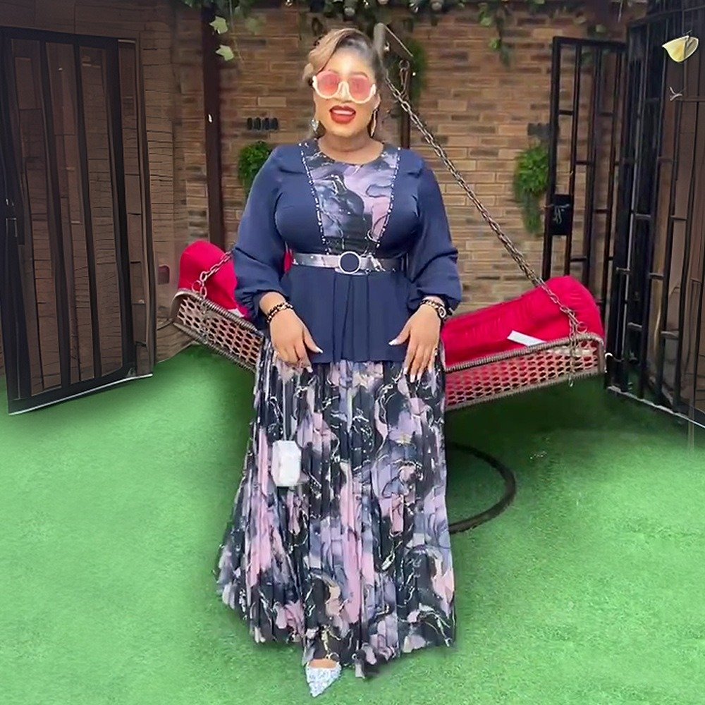 African Elegant Matching Color Top And Skirts Set Long Sleeve Blouse With Floral Skirt Suit For Women K0639