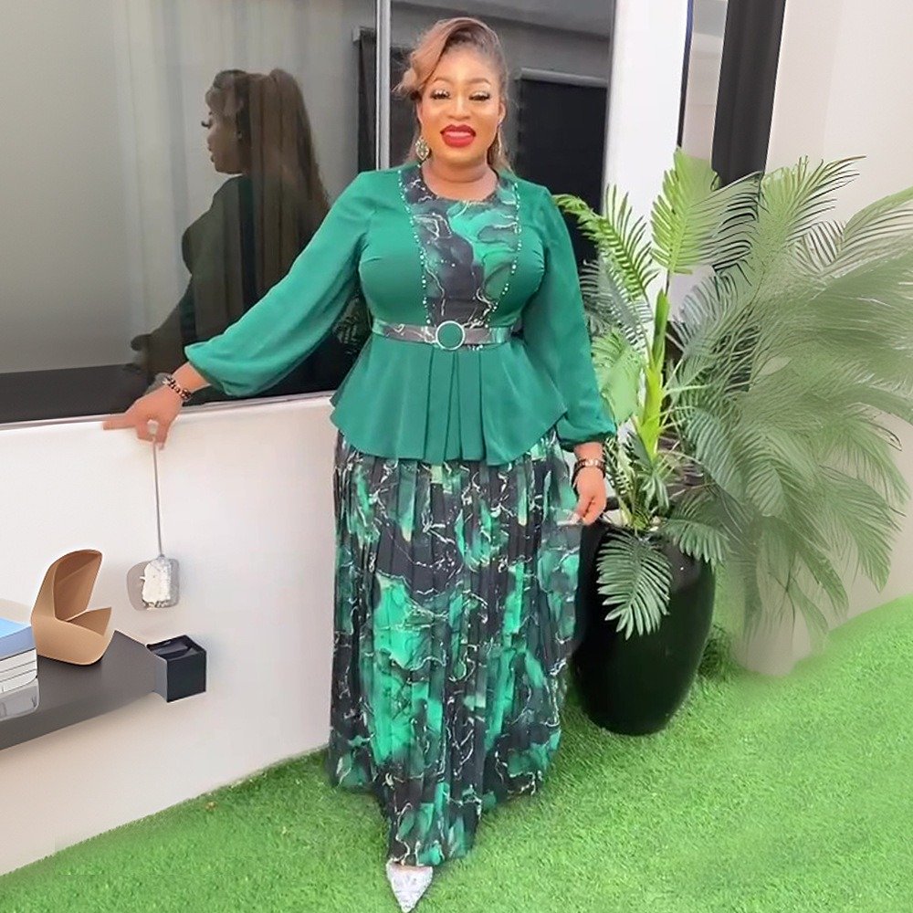 African Elegant Matching Color Top And Skirts Set Long Sleeve Blouse With Floral Skirt Suit For Women K0639