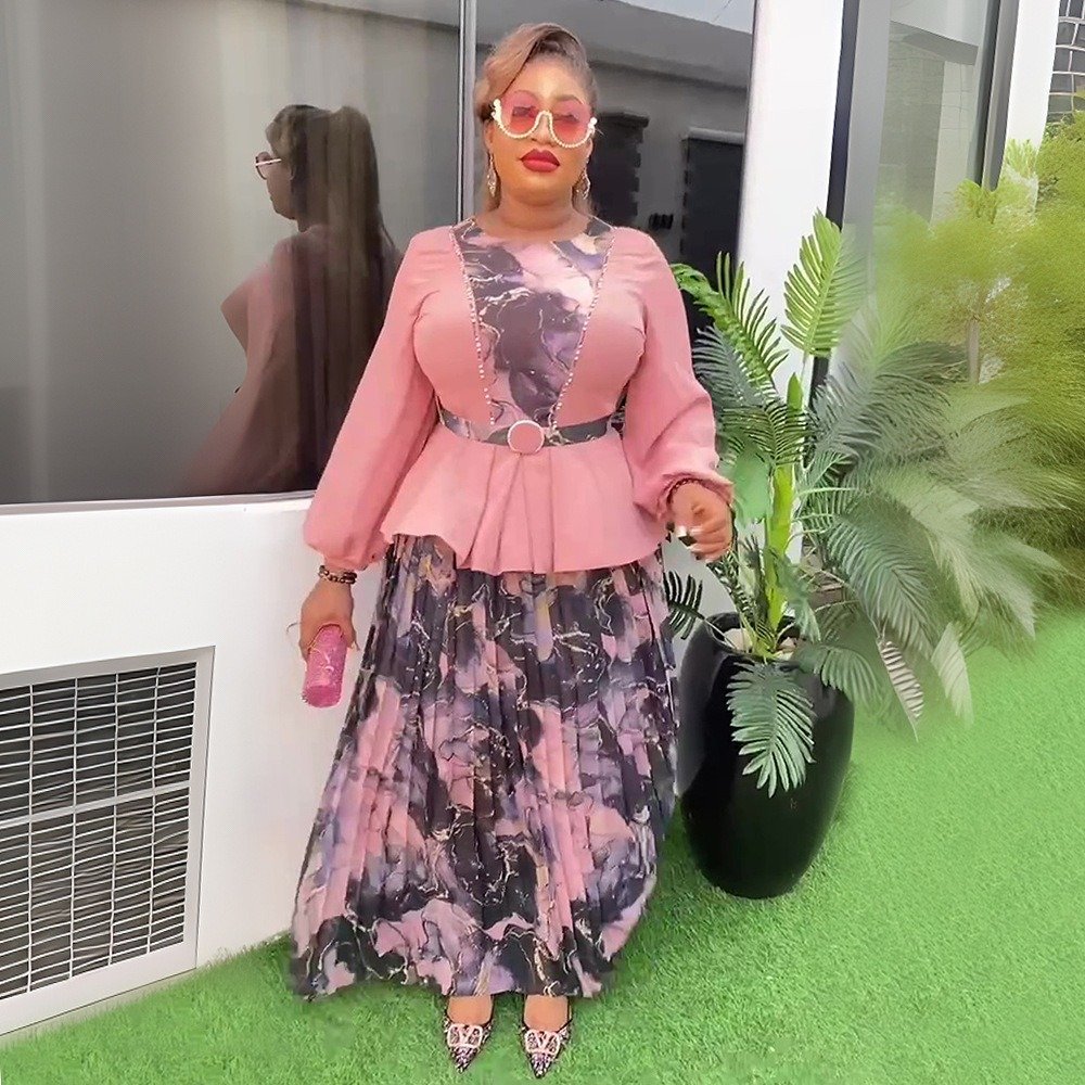 African Elegant Matching Color Top And Skirts Set Long Sleeve Blouse With Floral Skirt Suit For Women K0639