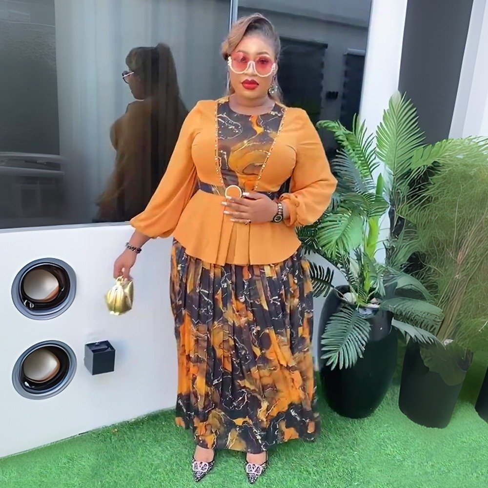 African Elegant Matching Color Top And Skirts Set Long Sleeve Blouse With Floral Skirt Suit For Women K0639