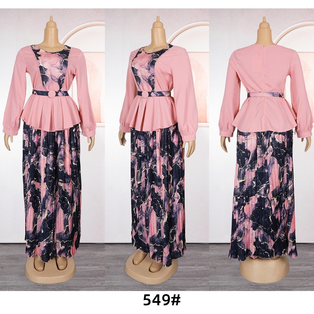 African Elegant Matching Color Top And Skirts Set Long Sleeve Blouse With Floral Skirt Suit For Women K0639