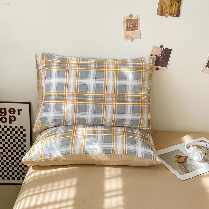 Bedding Set 2024 New Japanese Style Simple Plaid Washed Cotton Pillowcase Series Mushang Orange