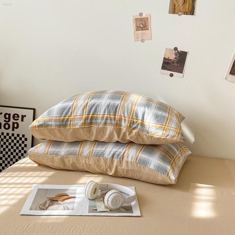 Bedding Set 2024 New Japanese Style Simple Plaid Washed Cotton Pillowcase Series Mushang Orange