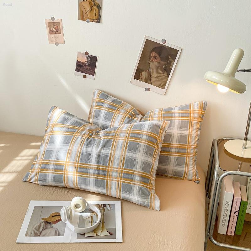 Bedding Set 2024 New Japanese Style Simple Plaid Washed Cotton Pillowcase Series Mushang Orange