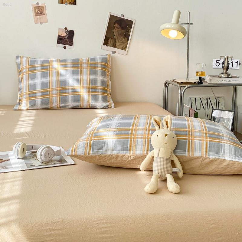 Bedding Set 2024 New Japanese Style Simple Plaid Washed Cotton Pillowcase Series Mushang Orange