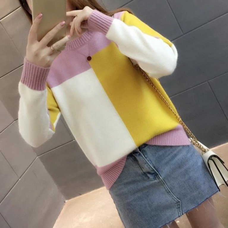 Women's Candy-Colored Pullover 2021 Early Autumn New Korean-Style Color Matching Long-Sleeved Knitted Bottoming Shirt