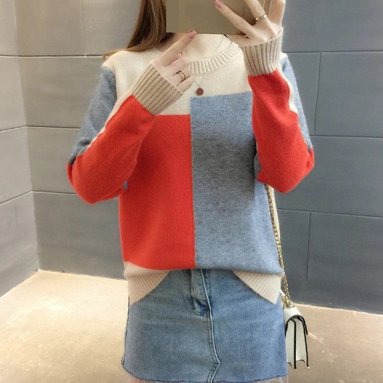 Women's Candy-Colored Pullover 2021 Early Autumn New Korean-Style Color Matching Long-Sleeved Knitted Bottoming Shirt