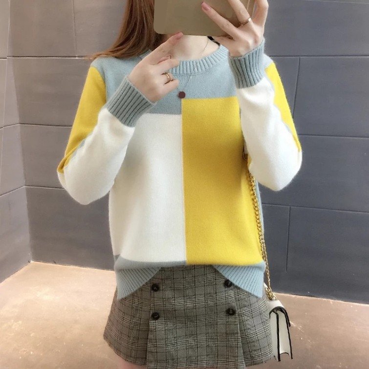 Women's Candy-Colored Pullover 2021 Early Autumn New Korean-Style Color Matching Long-Sleeved Knitted Bottoming Shirt